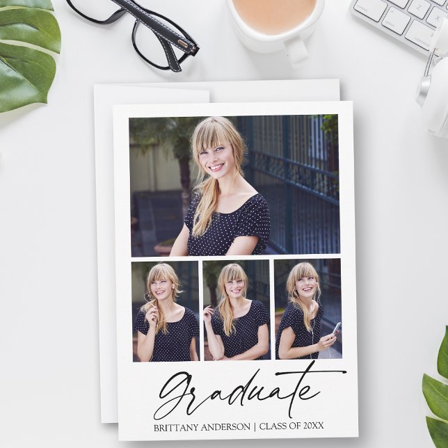 Anúncio Graduação de Fotos do Script de Tinta Moderna de C (Customize to add text or more photos to back of card.)