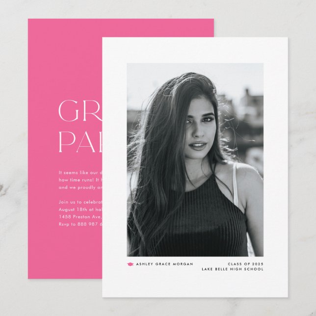 Anúncio Graduação de Fotos Moderna Mínima Rosa-Quente (Frente/Verso)