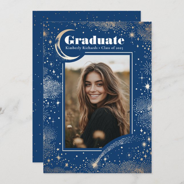 Anúncio Graduação de Fotos por Formando Azul Moderno Celes (Frente/Verso)