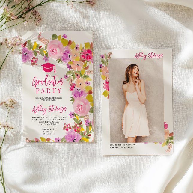 Anúncio Graduação de primavera de rosas rosa boêmicas (Bohemian pink roses wildflowers spring graduation announcement)