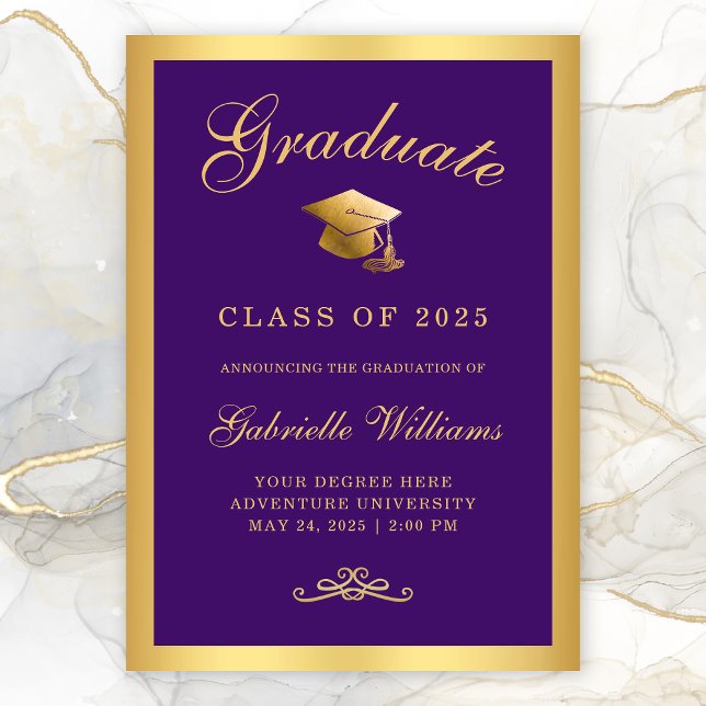 Anúncio Graduação de Script de Quadro Dourado do Quic Purp (Chic Purple Gold Border Typography Graduation Announcement)