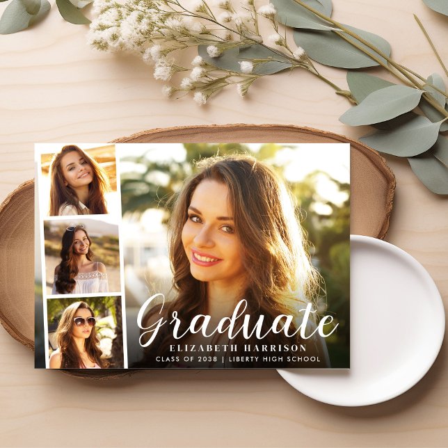 Anúncio Graduação de Sobreposição de Fotos de Script Moder (Cherish the milestone: share your graduate's achievement with a custom photo graduation announcement)