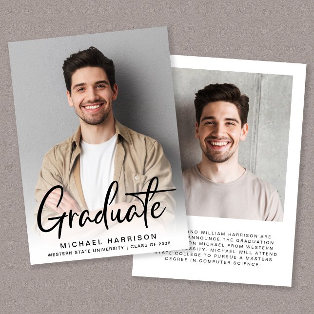 Anúncio Graduação de Sobreposição de Fotos de Script Moder (A modern photo collage graduation announcement to celebrate the graduate's achievements)