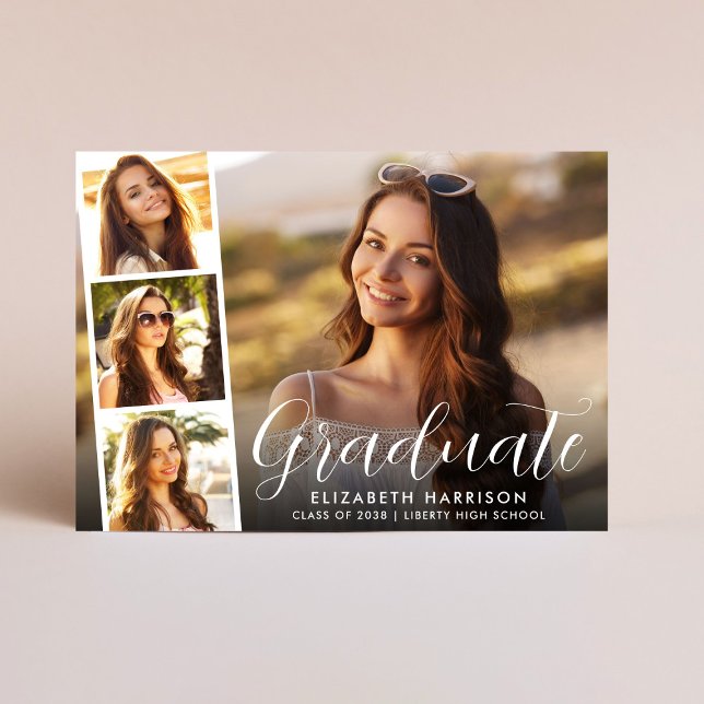 Anúncio Graduação de Sobreposição de Fotos em Script Branc (Cherish the milestone: share your graduate's achievement with a custom photo graduation announcement)