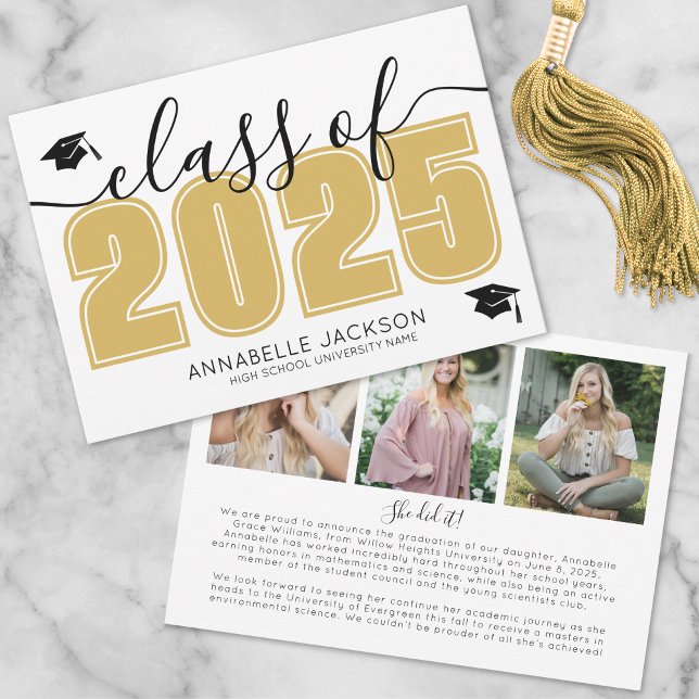 Anúncio Graduação Dourada de Colagem de Fotos de Formando  (Simple Graduate Photo Collage Gold Graduation Announcement)