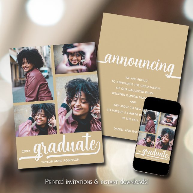 Anúncio Graduação Dourada de Foto Moderna 4 (Modern 4 photo collage gold graduation announcements)