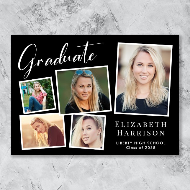 Anúncio Graduação em Preto para Colagem de Fotos Moderna (Cherish the milestone: share your graduate's achievement with a custom photo graduation announcement)