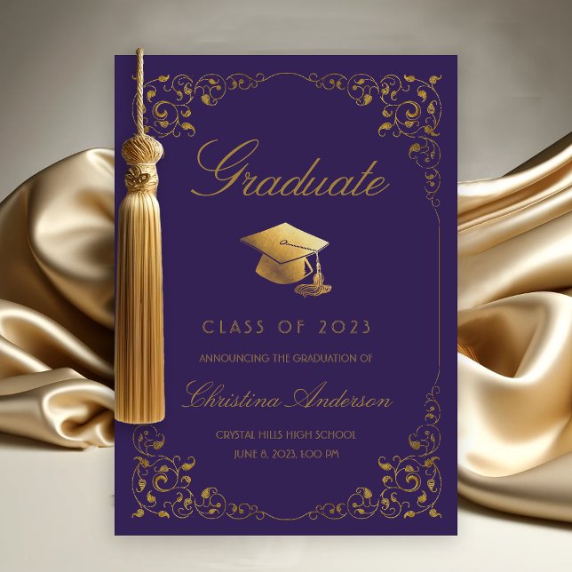 Anúncio Graduação em púrpura do Boné de Formando de Ivy Do (Gold Ivy Leaf on Purple Graduation Announcement)