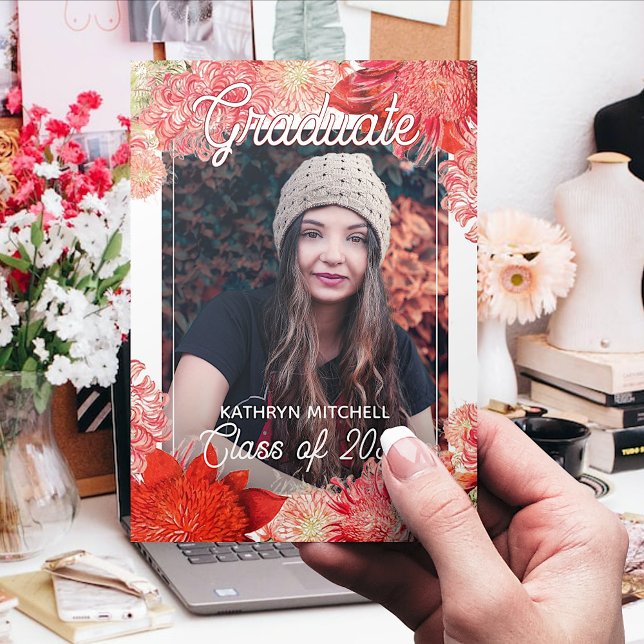 Anúncio Graduação Floral Coral Red Pink Boho Botânico (Criador carregado)