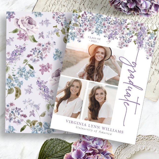 Anúncio Graduação Floral Roxo (Watercolor Purple Floral Lilac Graduation Announcement by Painted Paperie
)