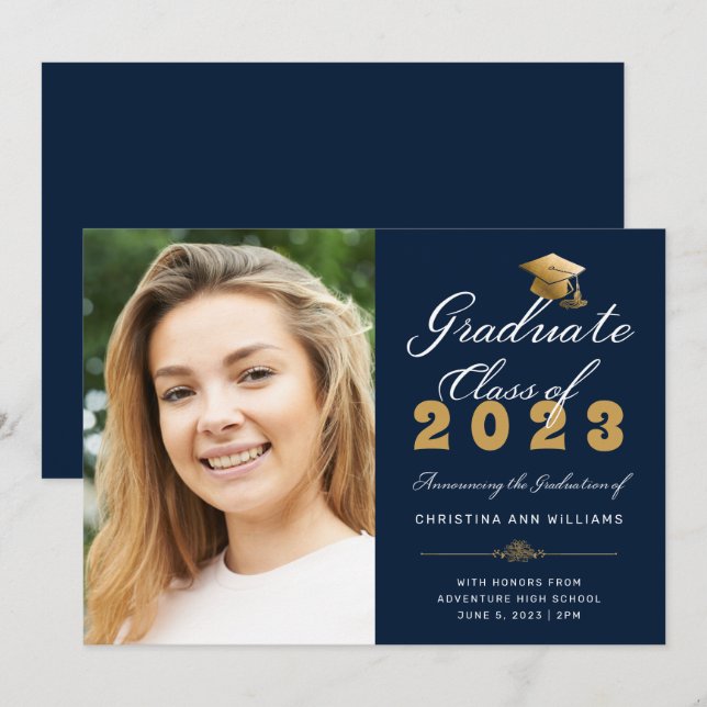 Anúncio Graduação Foto Blue Dourado Script Classe de 2023 (Frente/Verso)
