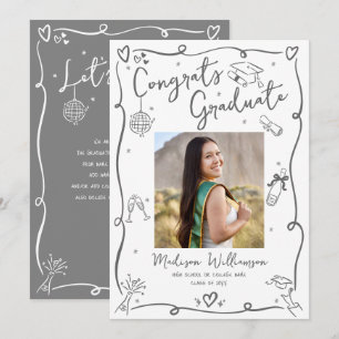 Anúncio Graduação Foto Branco Divertido Rabiscos Desenhado