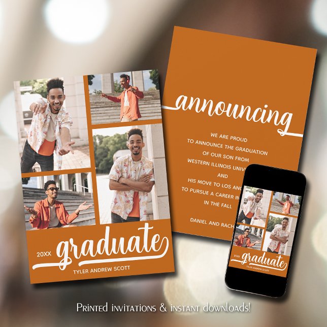 Anúncio Graduação Laranja De Foto Queimada Moderna 4 (Modern 4 photo collage burnt orange graduation announcements)