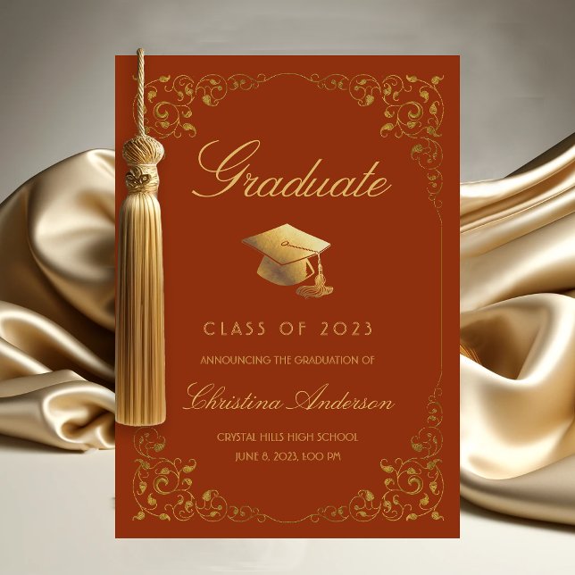 Anúncio Graduação Laranja do Boné de Formando de Ivy Doura (Gold Leaf on Orange Graduation Announcement)