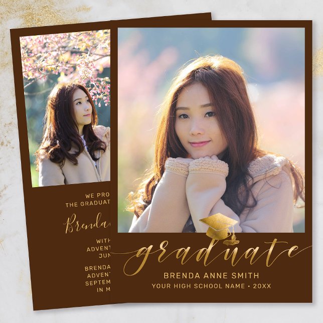 Anúncio Graduação Moderna 2 Boné de Script Dourado de Foto (Modern Two Photo Gold Script on Brown Graduation Announcement)