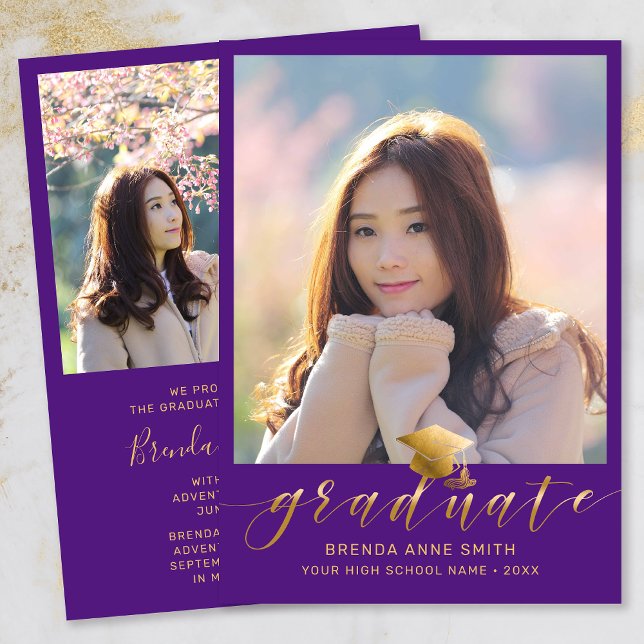 Anúncio Graduação Moderna 2 Foto Dourada Boné de Script Ro (Modern Two Photo Gold Script on Purple Graduation Announcement)