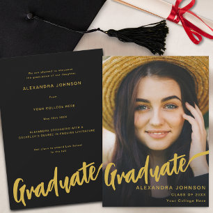 Anúncio Graduação Moderna Foto Dourado Script Preto