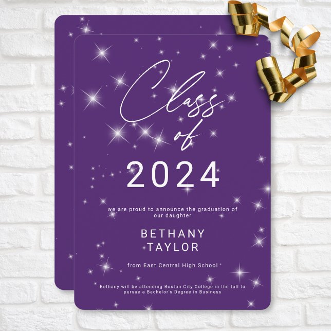 Anúncio Graduação Moderna Roxo e Branco Sparkle (Modern Purple & White Sparkle Graduation Announcement)