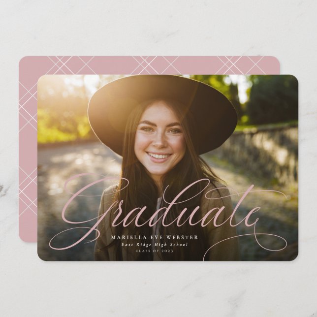 Anúncio Graduação rosa simples do ouro de script (Frente/Verso)