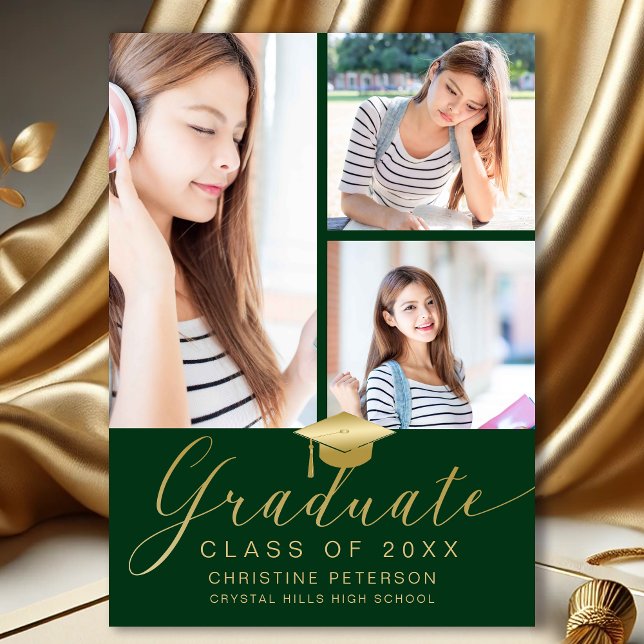 Anúncio Graduação Verde de Colagem de Fotos Moderna 4 (Modern 4  Photo Collage Green and Gold Graduation Announcement)
