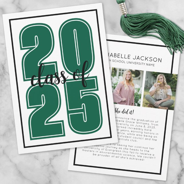 Anúncio Graduação Verde de Foto com Formando de Script Sim (Simple Script Graduate Photo Green Graduation Announcement)