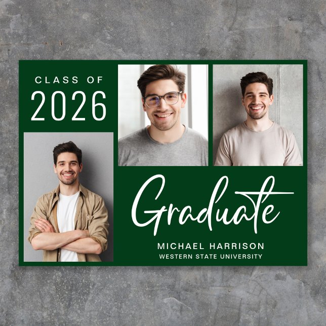 Anúncio Graduação Verde de Script em Branco Moderno 3 Foto (Cherish the milestone: share your graduate's achievement with a custom photo graduation announcement)