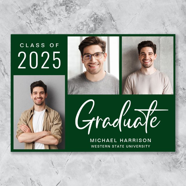 Anúncio Graduação Verde de Script em Branco Moderno 3 Foto (Cherish the milestone: share your graduate's achievement with a custom photo graduation announcement)