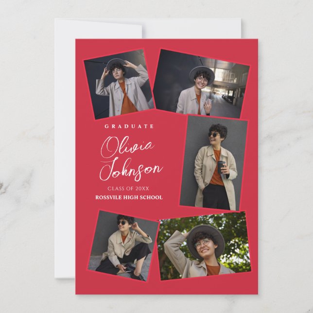 Anúncio Graduação Vermelha de Colagem de Foto Minimalista  (Frente)