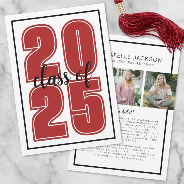 Anúncio Graduação Vermelha de Foto com Formando de Script  (Simple Script Graduate Photo Red Graduation Announcement)