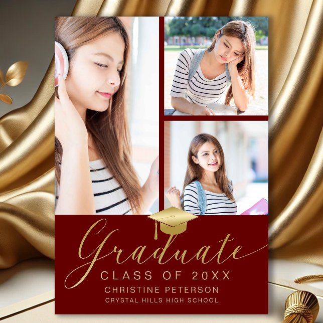 Anúncio Graduação Vermelha de Script de Colagem de Fotos M (Modern 4  Photo Collage Red and Gold Graduation Announcement)