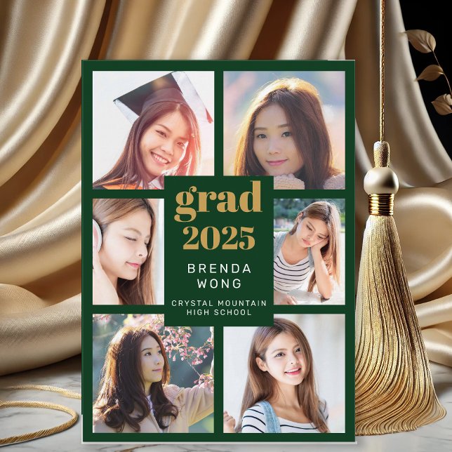 Anúncio Graduation Green 6 Colagem de Fotos Script Dourado (Modern Green Gold Six Photo Graduation Announcement)