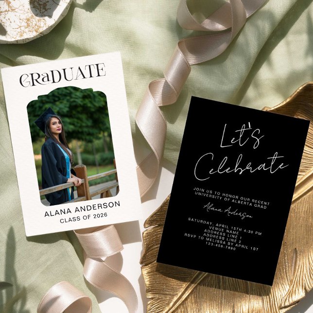 Anúncio Graduation Photo Announcement Modern Party Black (Criador carregado)