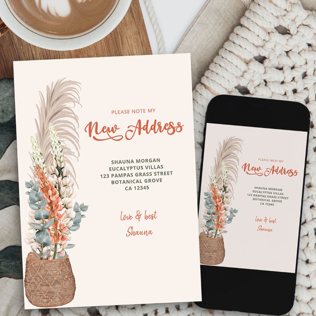 Anúncio Grama de Pampas em Movimento de Cesta Selvagem (boho flower basket new address card available printed or as printable digital download)
