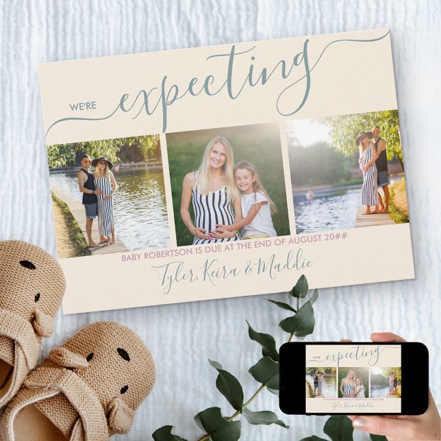 Anúncio Gravidez Rosa Verde de Foto Quadrada Elegante Scri (Criador carregado)