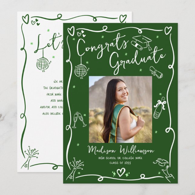 Anúncio Green Hand Drawn Doodles Graduation Photo Retro (Frente/Verso)
