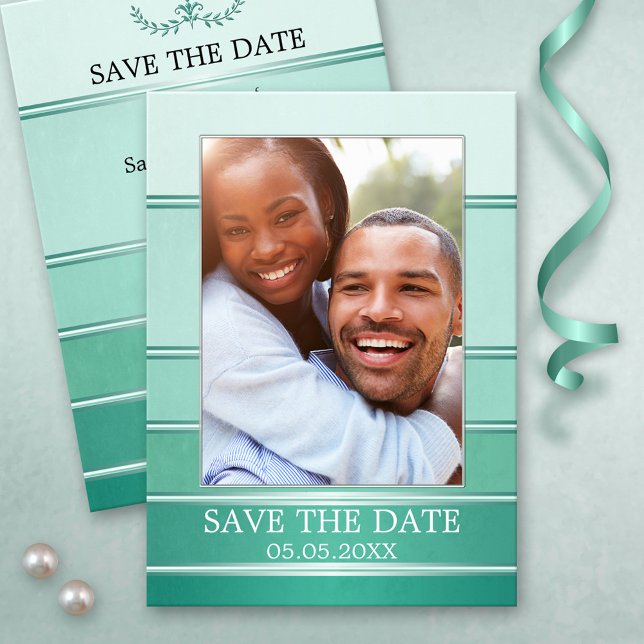 Anúncio Green Silver Strited Photo Save the Date Card (Fot (Elegant green silver striped Save the Date card featuring your own engagement photo)