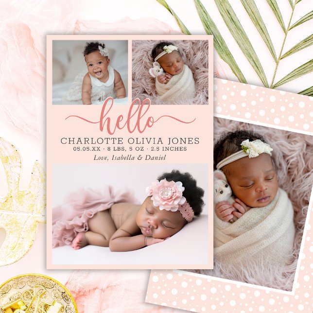 Anúncio Hello Script Girl Birth Photo Collage Announcement (Criador carregado)