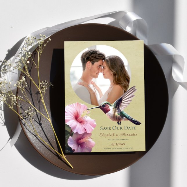 Anúncio Hummingbird e Hibiscus Foto para Salvar a Data Ama (Yellow Hummingbird Hibiscus Photo Save the Date)