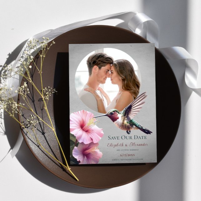 Anúncio Hummingbird e Hibiscus Foto para Salvar a Data | C (Gray Hummingbird Hibiscus Photo Save the Date)