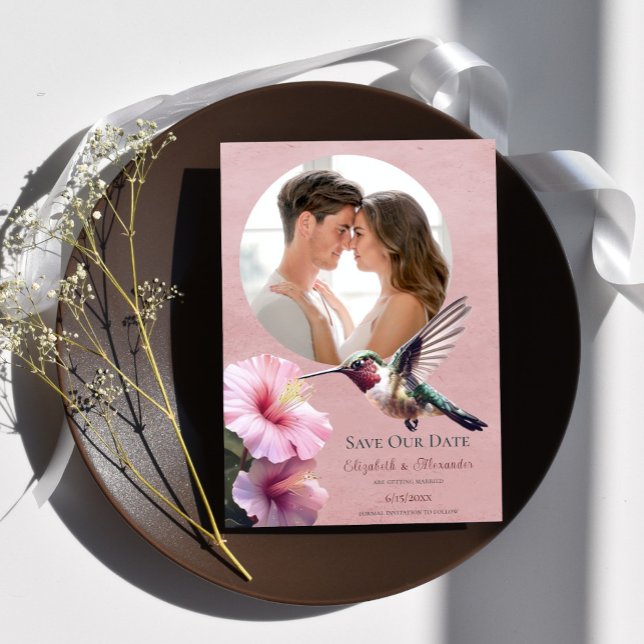 Anúncio Hummingbird e Hibiscus Foto para salvar a data ros (Pink Hummingbird Hibiscus Photo Save the Date)
