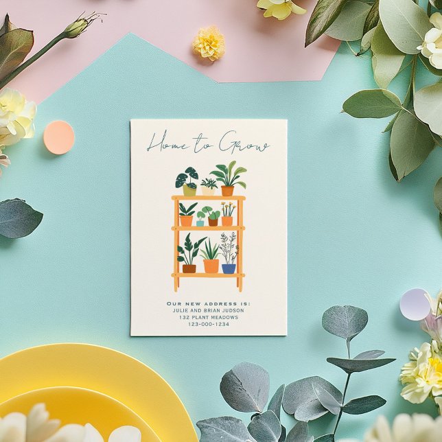 Anúncio Início para o crescimento da nova placa de lançame (Charming “Home to Grow” new address announcement card with shelves of house plants illustration)
