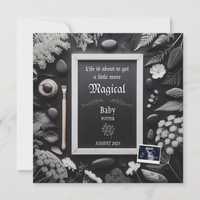 Anúncio Lançamento de Gravidez Tema Preto Mágico (Frente)