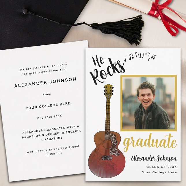 Anúncio Legal Ele Rocha o Formando Foto Moderno Preto e Do (Modern graduate photo country music rustic guitar Graduation announcement card)