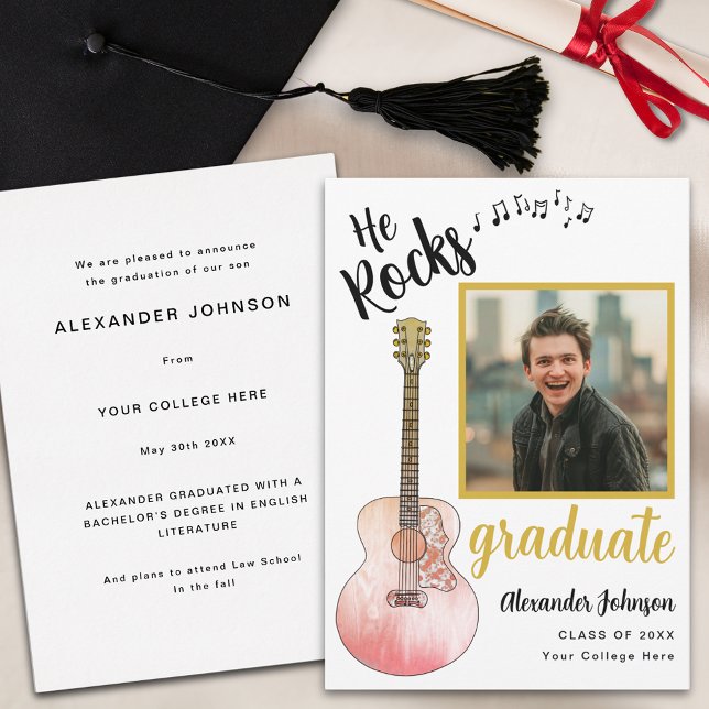 Anúncio Legal Ele Rocks Formando Photo Modern Dourado (Cool rustic guitar graduate photo graduation announcement card country music )