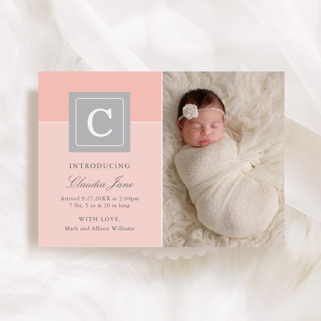 Anúncio Letra Elegante Block Baby Girl Foto Blush Birth (Criador carregado)