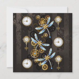 Anúncio Libélulas Steampunk em fundo listrado marrom