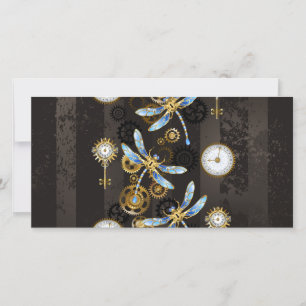 Anúncio Libélulas Steampunk em fundo listrado marrom