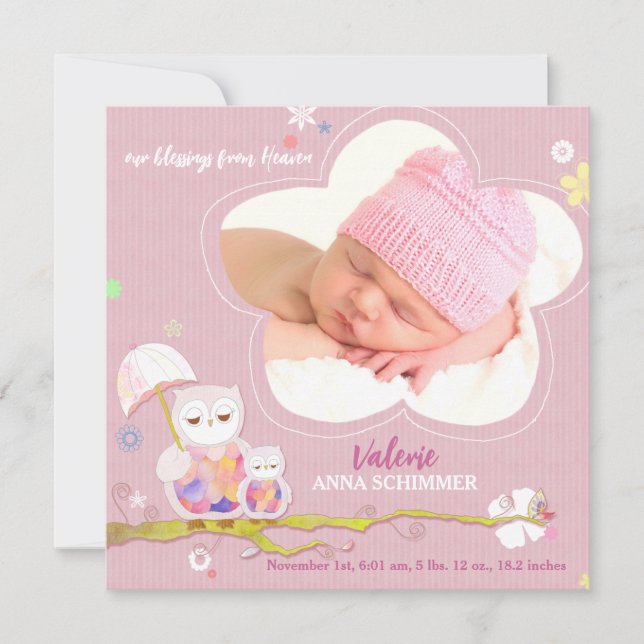 Anúncio Lil Owls Pink Baby Girl Foto Birth (Frente)