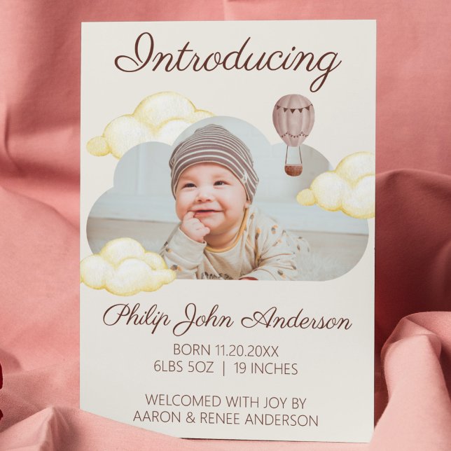 Anúncio Linda Aquarela Clouds Foto Nascimento Bebê (cute watercolor clouds baby birth announcement birth reveal newborn baby photo card. personalizable )