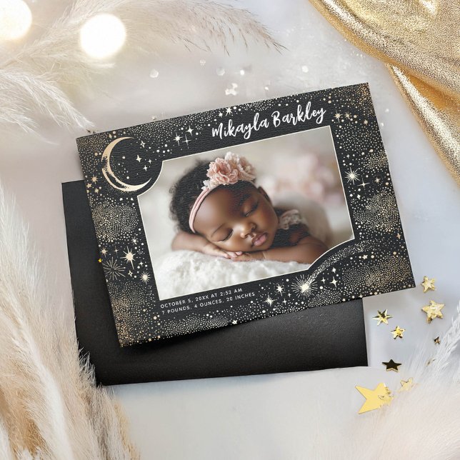 Anúncio Lindas Estrelas Lua Celestial Nascimento da Foto (Moon and Stars Magical Birth Announcement Photo Card)
